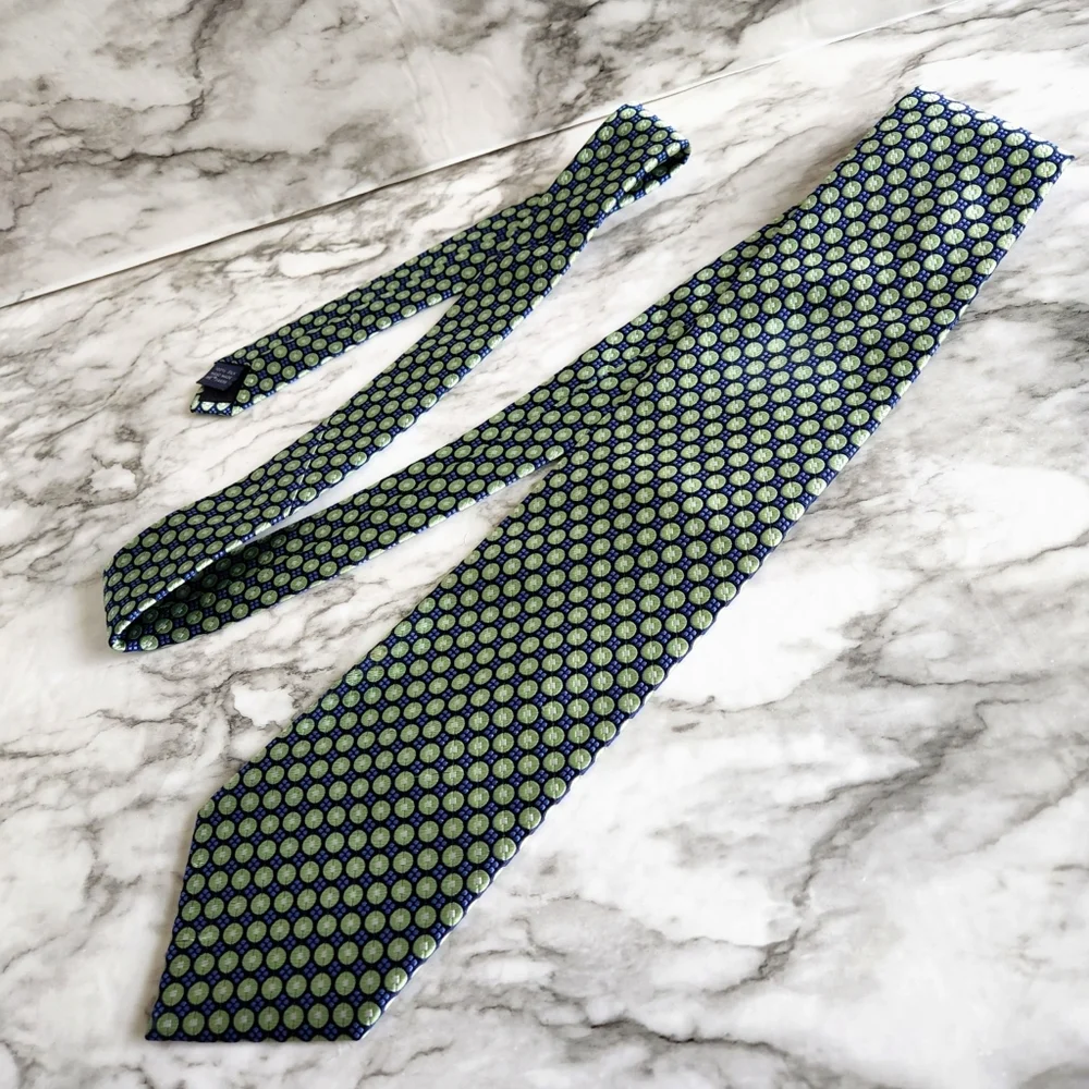 100% Silk Hand Made Mens Necktie, Green & Blue Pattern